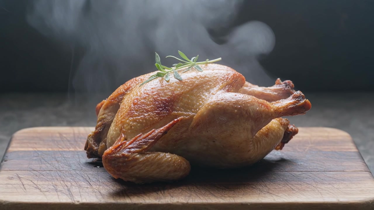 Releasing steam from heat, whole roasted chicken sitting on wood board, herb sprig drifting right