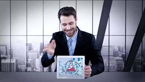 hombre que muestra iconos y gráficos médicos generados digitalmente en una tableta