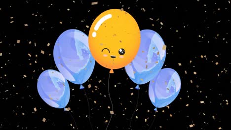 Animation-Bunter-Luftballons,-Die-Fliegen-Und-Konfetti-Auf-Schwarzem-Hintergrund-Fallen