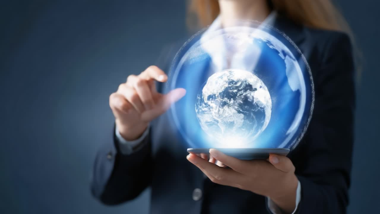 A Professional Businesswoman Interacting with a Digital Globe on Her Smartphone, Symbolizing Global Connectivity and Technological Innovation in Today's Digital Age