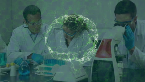 Scientists-in-lab-coats-working-with-DNA-helix-animation-over-laboratory-equipment