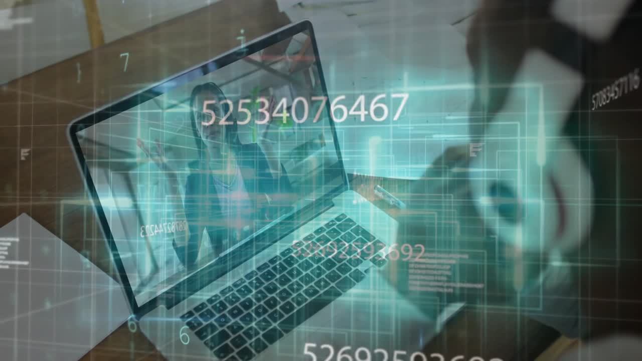 Colleague joining call, driving cybersecurity demo with scrolling codes and malware tags on laptop