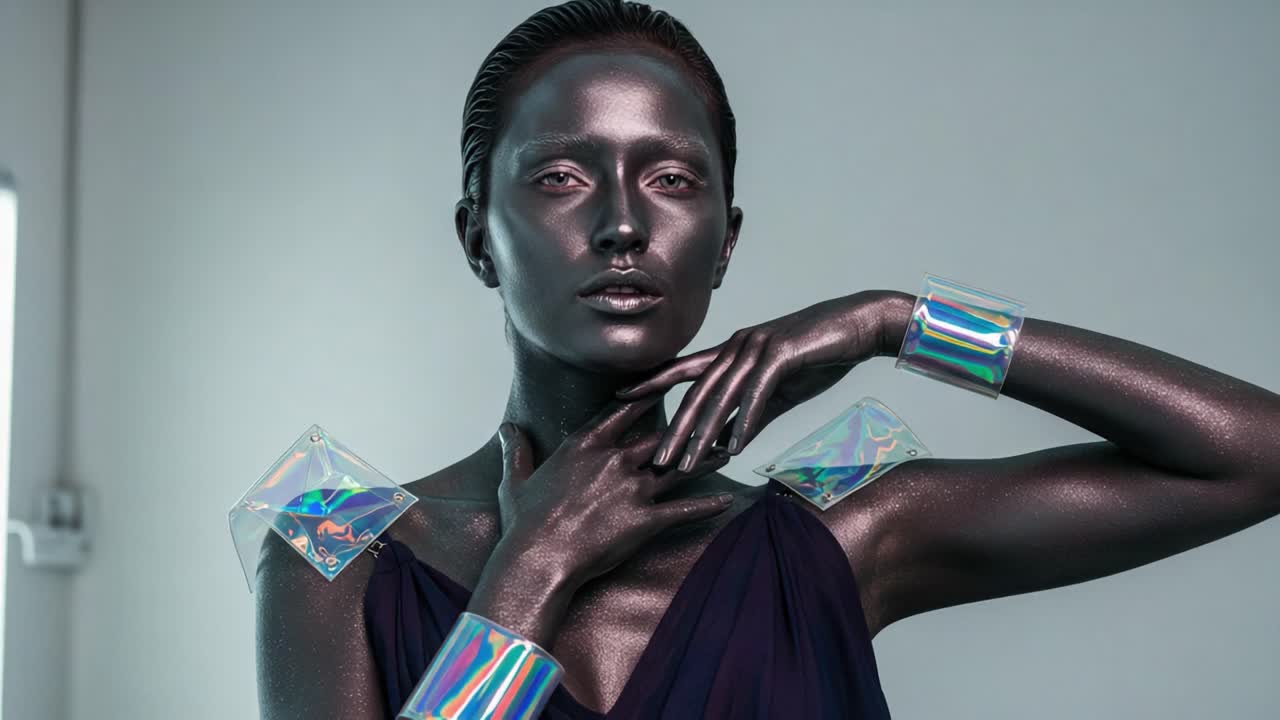 A striking fashion portrait featuring a model with metallic skin and iridescent accessories, capturing a blend of futuristic elegance and artistic expression in a studio setting