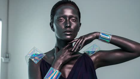 a striking fashion portrait featuring a model with metallic skin and iridescent accessories, capturing a blend of futuristic elegance and artistic expression in a studio setting
