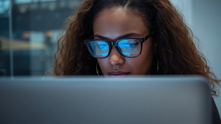 Reading woman in office tracking laptop updates, eyeglasses reflecting blue light