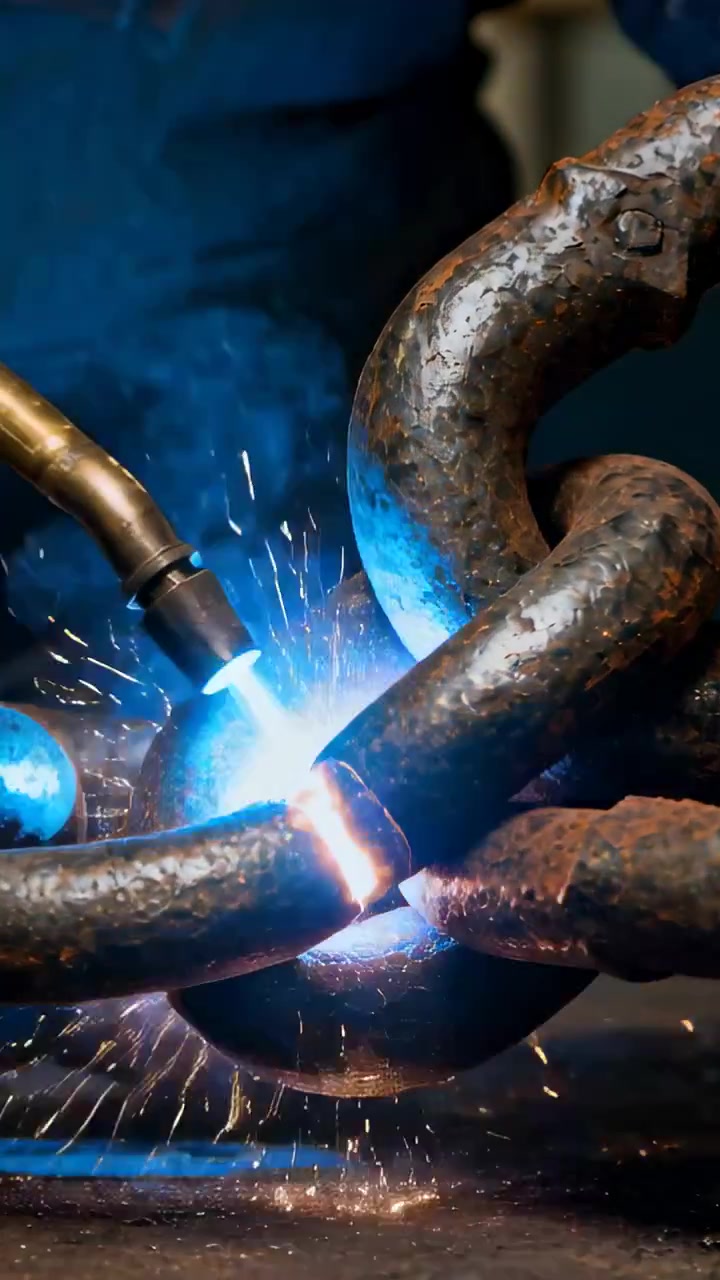 Vertical video: Cutting brass torch tip contacting seam at bench, heating rusty chain to cut link