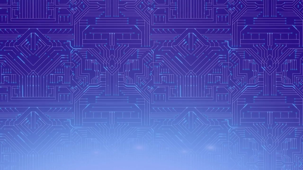 Digital animation of start text over neon squares against microprocessor connections