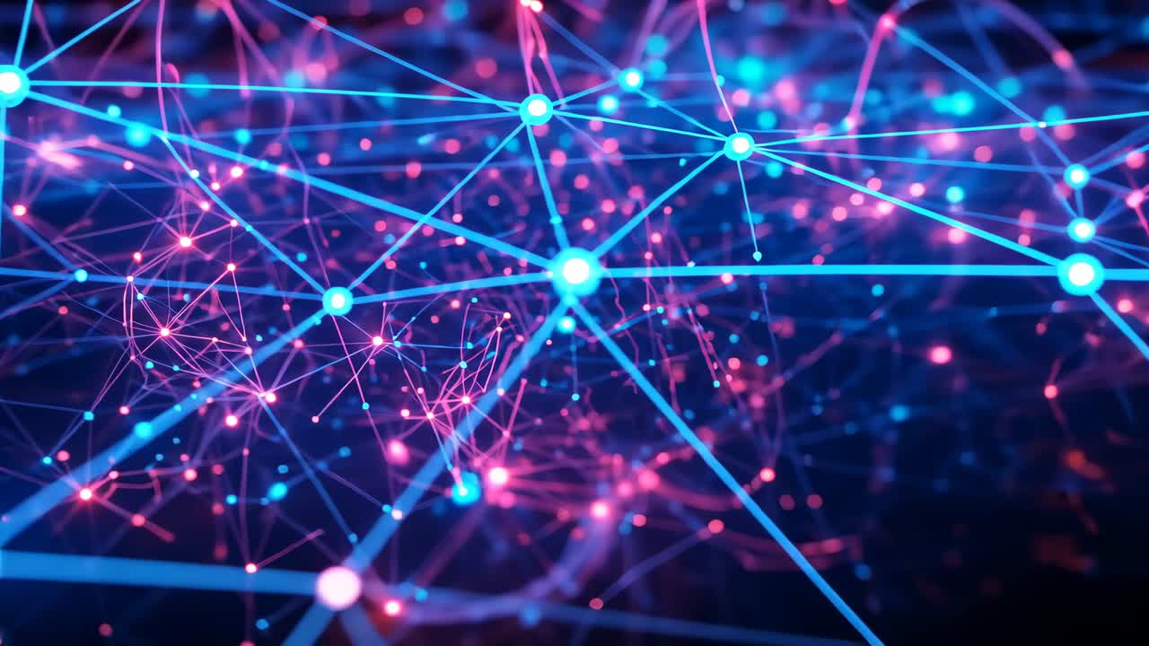 Starting animation showing glowing nodes linking with neon-blue lines in void, growing pink arcs