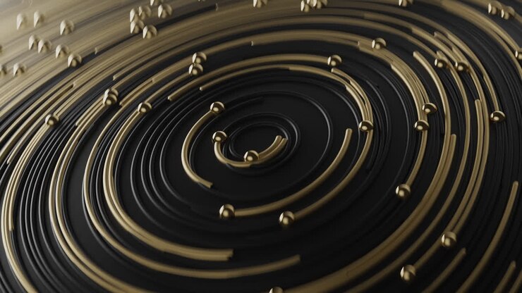 Curly golden and black abstract in circle lines together with particles