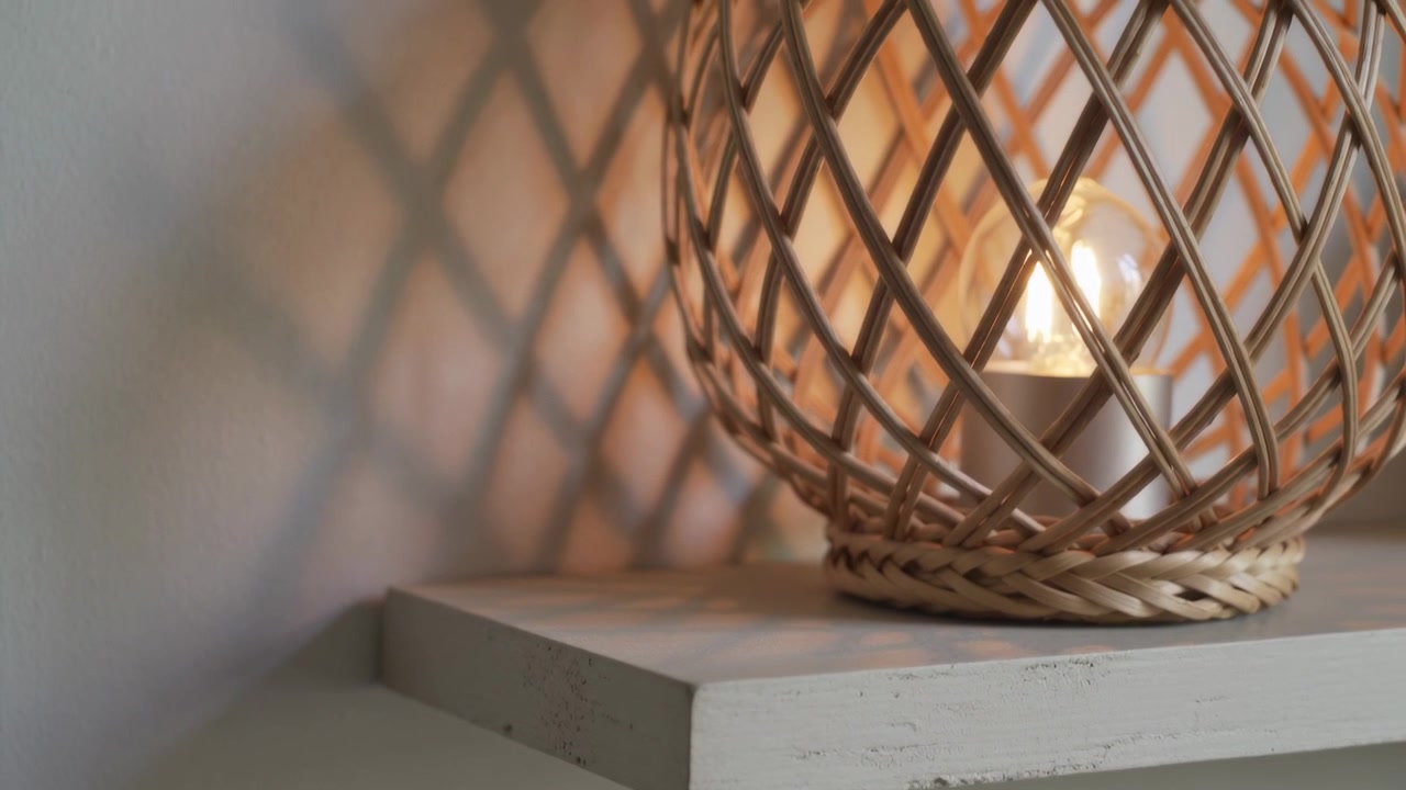 Telecamera che si avvicina a una lampada in vimini intrecciato su una mensola bianca, rivelando ombre a forma di diamante, con spazio per il testo.