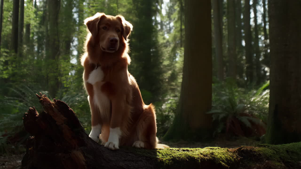 Hund som sitter på en tømmerstokk i skogen