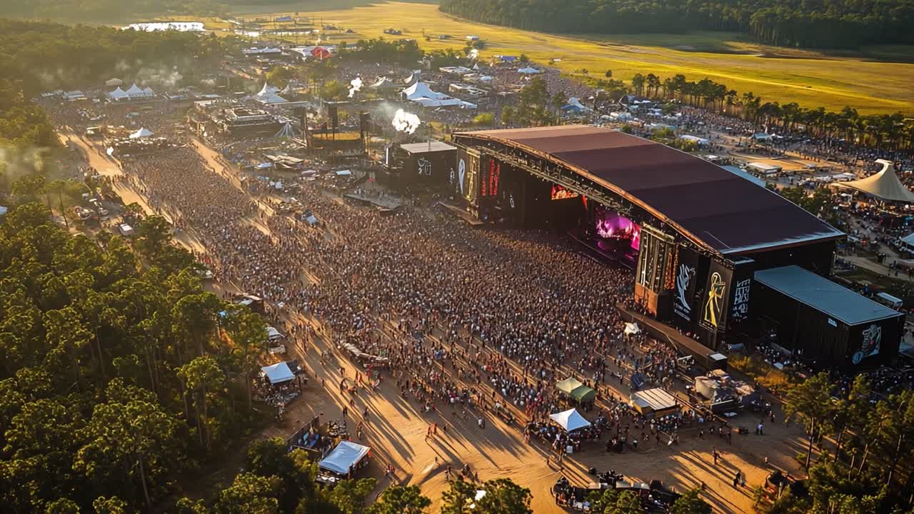 Aerial view of a music festival with a large crowd