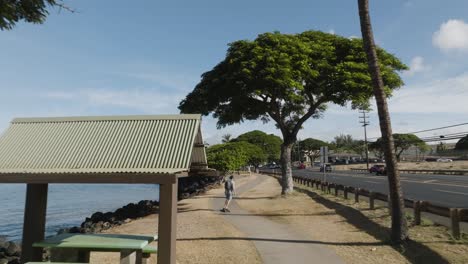 Man-electric-skateboarding-along-the-scenic-beach-boardwalk-of-Lahaina,-Maui,-USA