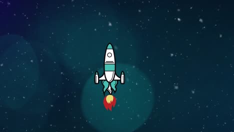 animación de una nave espacial despegando sobre manchas azules y estrellas en fondo azul.