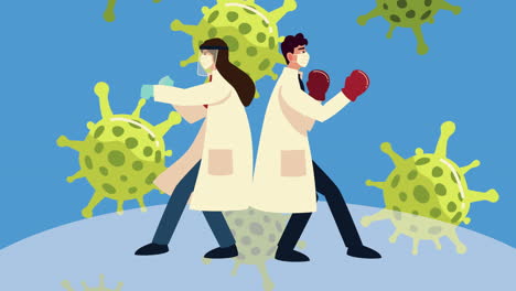 una pareja de médicos con máscaras médicas luchando con partículas de covid-19