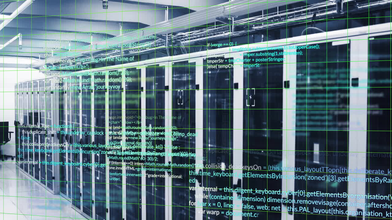 Computer code animation over server racks in data center