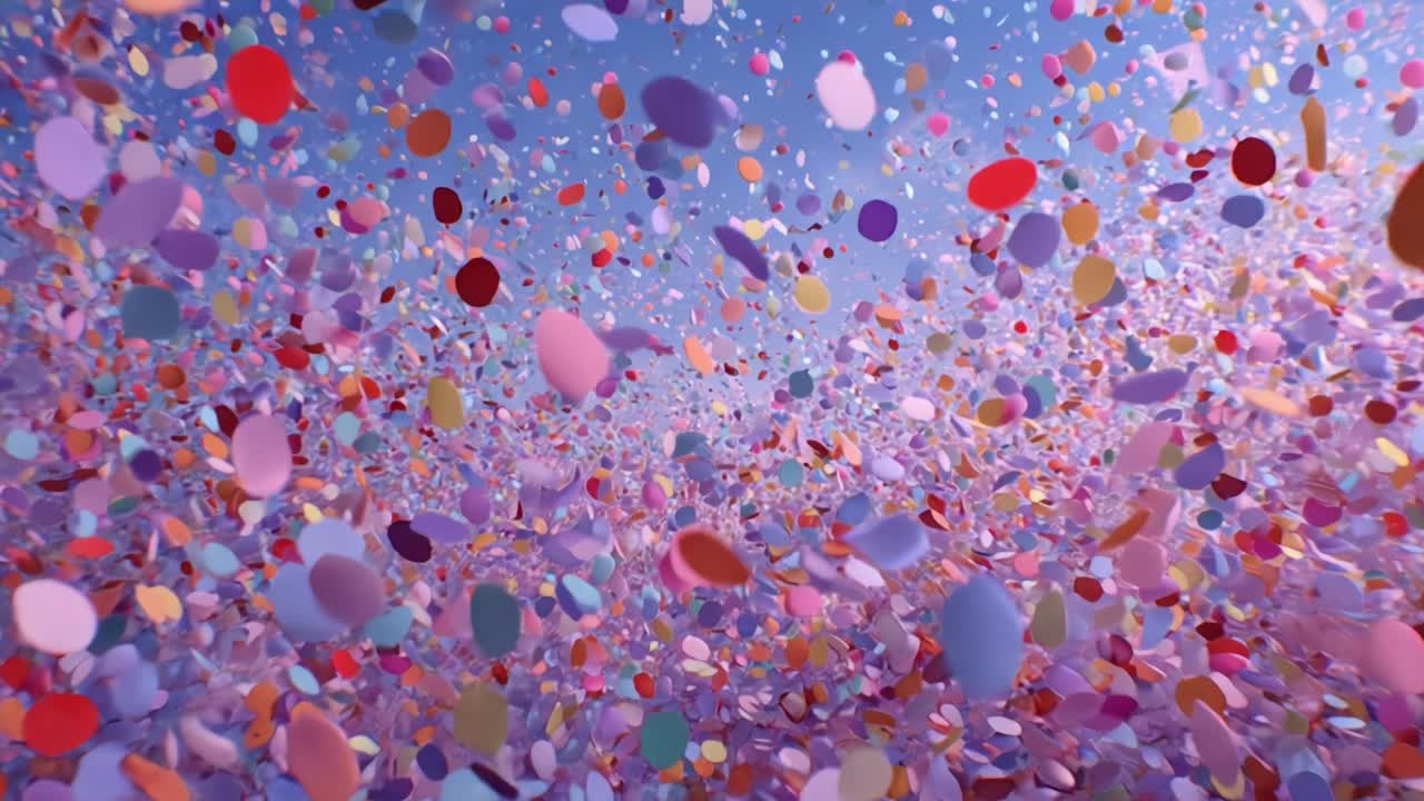 A Mesmerizing Display of Colorful Confetti Cascading Through a Vibrant Blue Sky, Creating a Festive and Joyful Atmosphere of Celebration and Playfulness