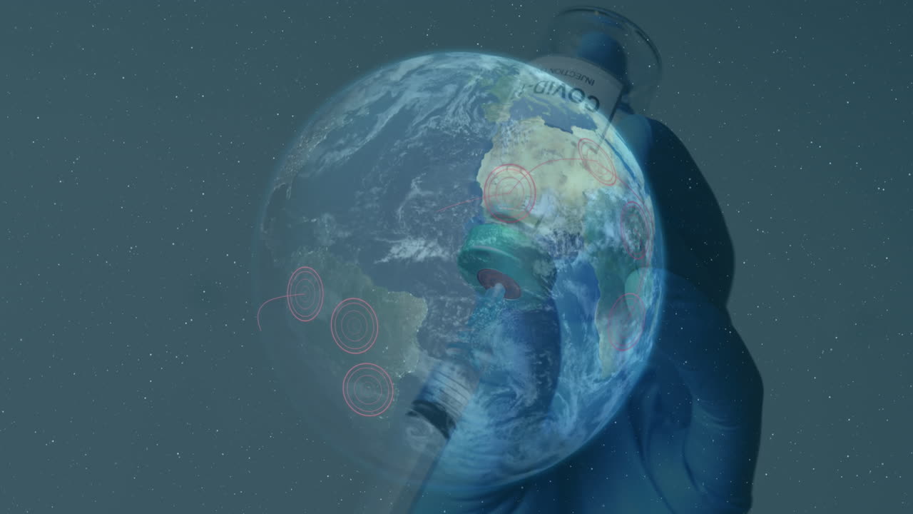 코로나19 백신으로 주사기를 채우는 과학자와 함께 지구가 회전하는 애니메이션