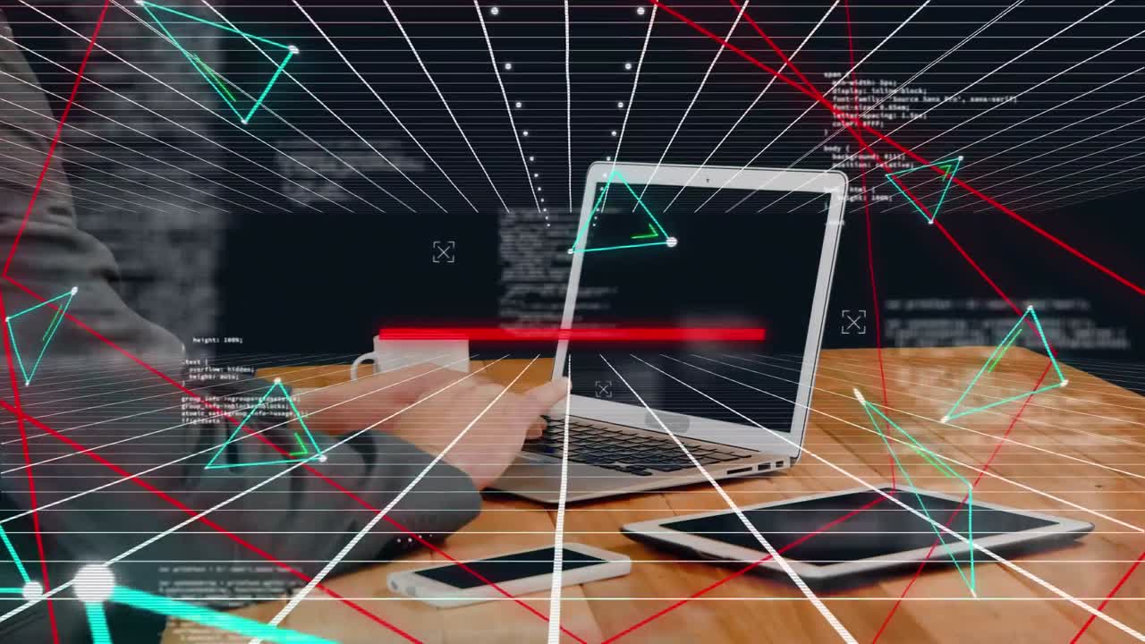 бизнесмен, работающий на ноутбуке с глобальной сетью на переднем плане