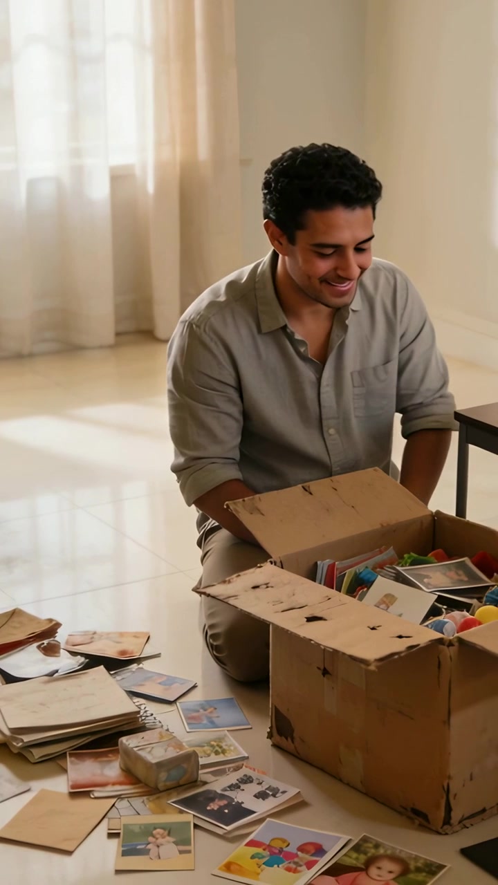 Vertical video: Opening box, man in grey shirt kneeling at home, spreading prints, copy space