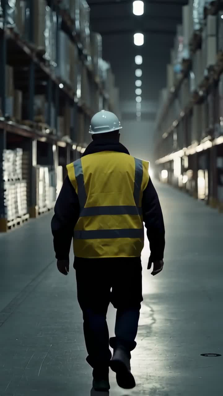 Magazziniere che cammina lungo il corridoio tra gli scaffali verso un'apertura retroilluminata, con cappello e giubbotto ad alta visibilità.