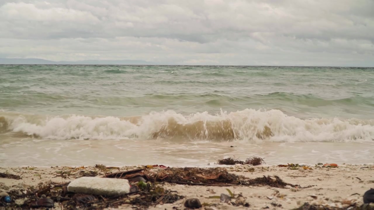 Battigia nuvolosa, schiuma di alghe, onde dolci, ricercatore costiero che esamina la linea di marea, sabbia bagnata e texture di ciottoli, detriti sparsi vicino alla linea di galleggiamento, mare verde tenue e onde leggere, calma contemplativa