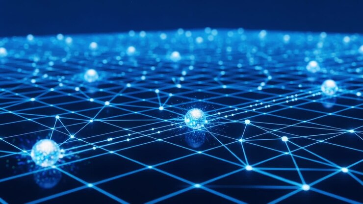 A Vibrant Network of Blue Particles Interconnected by a Grid, Reflecting the Beauty of Digital Data and Connectivity in a Futuristic Landscape