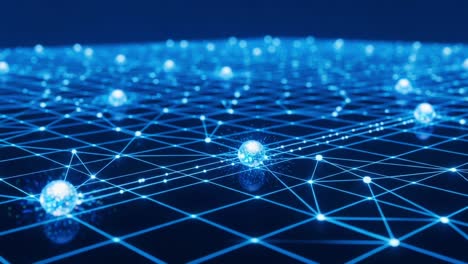 a vibrant network of blue particles interconnected by a grid, reflecting the beauty of digital data and connectivity in a futuristic landscape