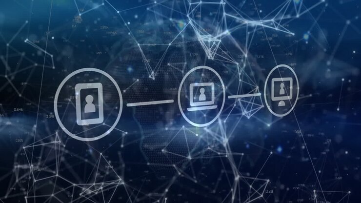 Animation of network of connections with icons over blue background