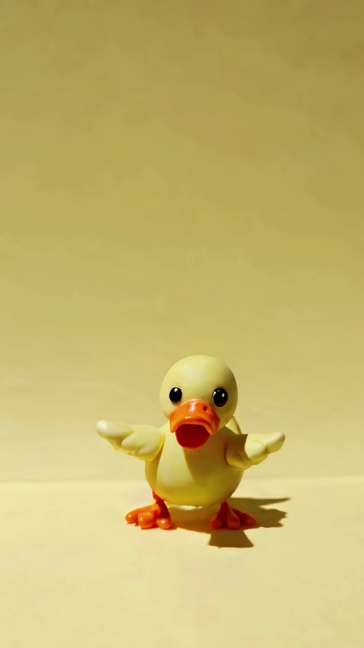 A low-angle shot of a cute rubber duck toy on a plain background, styled for a playful video concept