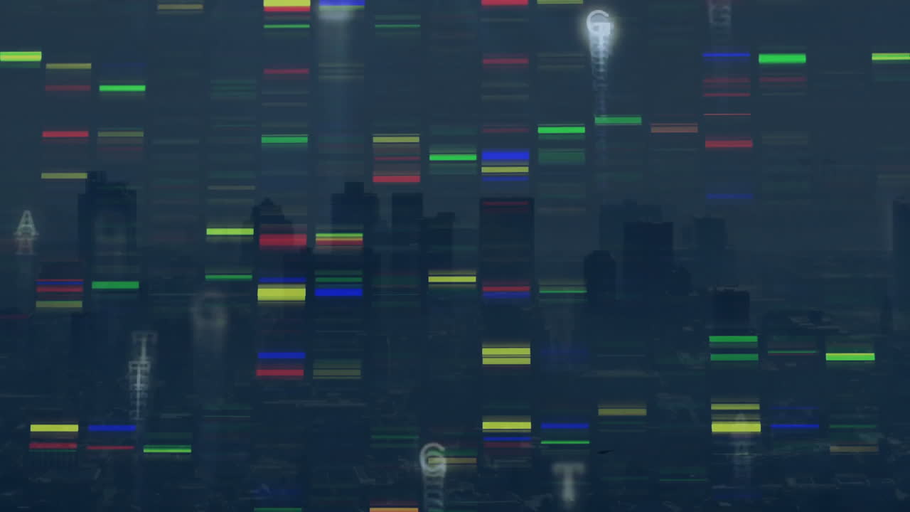 Animating DNA sequencing over city skyline at night