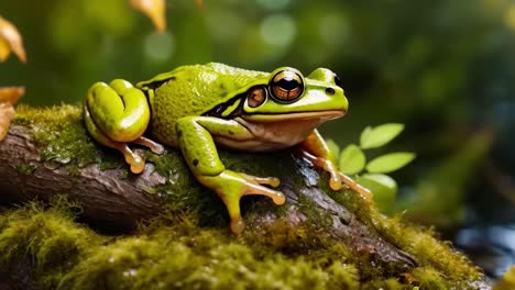 a green frog sitting on a moss covered branch