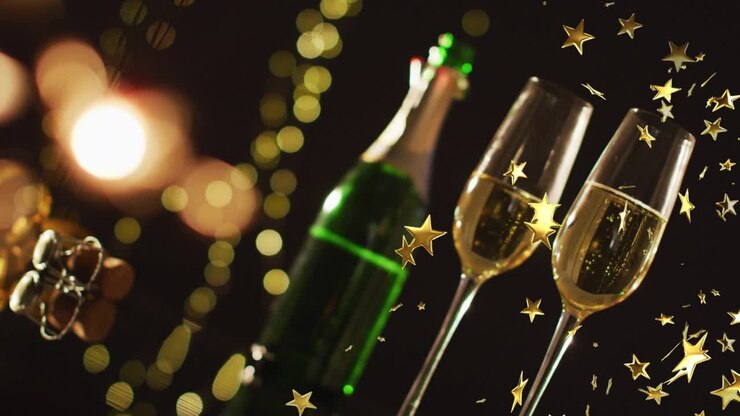 Stelle filanti a forma di coriandoli che si spostano da destra roteando attorno a flûte che rivelano bollicine su uno sfondo bokeh