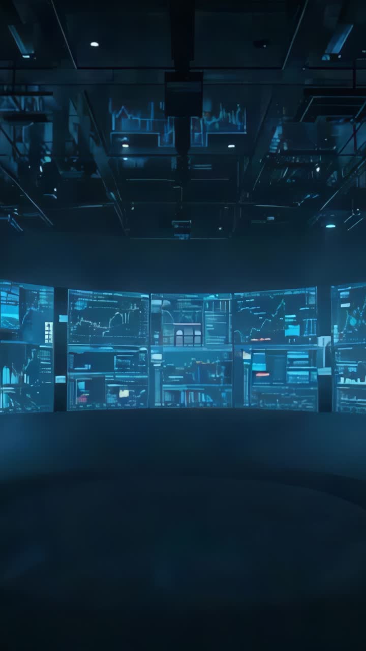 Vertical video: Screens lighting up silhouette walking into control room, monitoring data charts