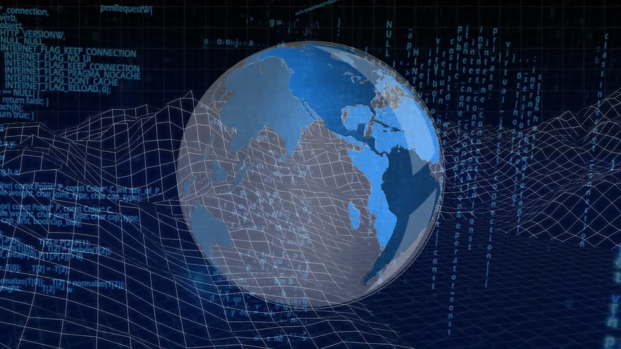 Animation of data processing over spinning globe and metaverse structures against black background