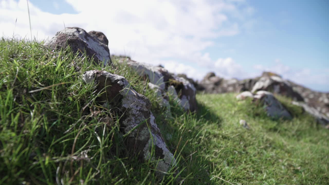 Closeup of rocks covered in grass with blue sky and clouds in the background.