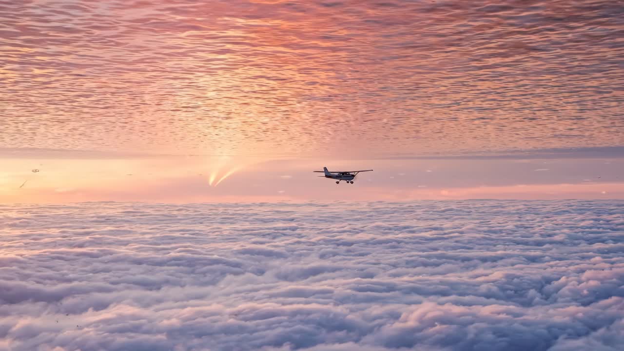 Lille fly, der flyver over skyerne med spejlblank solnedgangshimmel