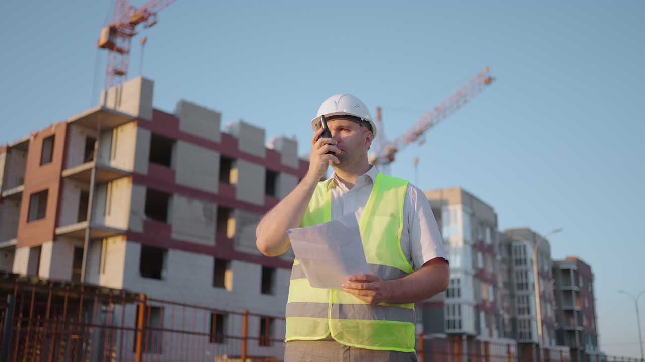 jefe de obra con casco y chaleco hablando por walkie-talkie con los constructores de pie en el sitio de construcción rastreando el disparo. ingenieros expertos en construcción hablando usando una radio con algunos constructores increíble luz solar.