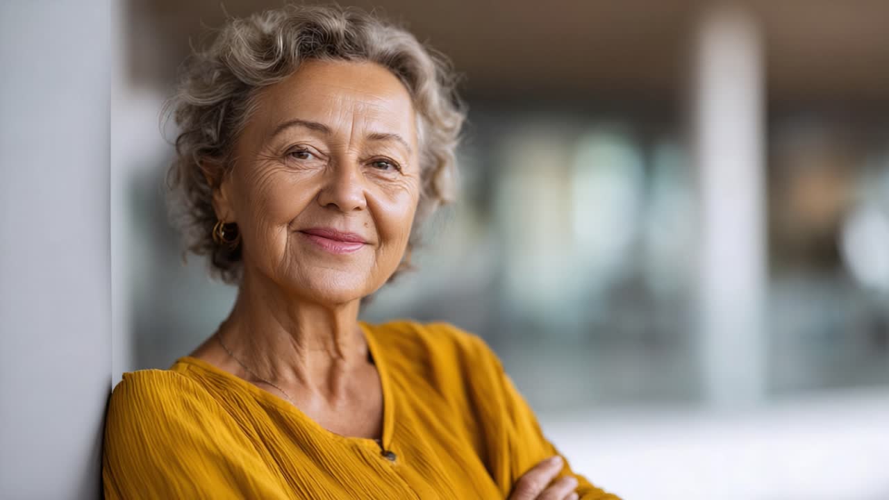 Uma mulher idosa confiante sorrindo em um ambiente moderno, irradiando alegria e sabedoria com um penteado lindamente cacheado e um traje elegante.