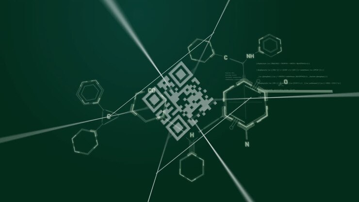 QR code with chemical structures on green digital background, resembling animation