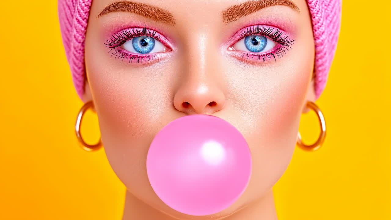 Girl chewing gum in bold colors. A young woman with bright blue eyes blows bubble gum against a bold yellow background, sporting striking makeup