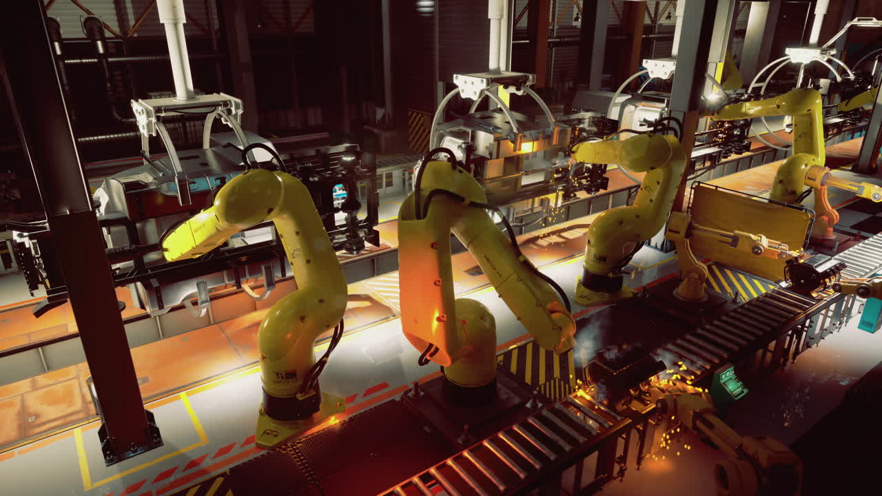 Industrial robots work together on an automated assembly line in a factory