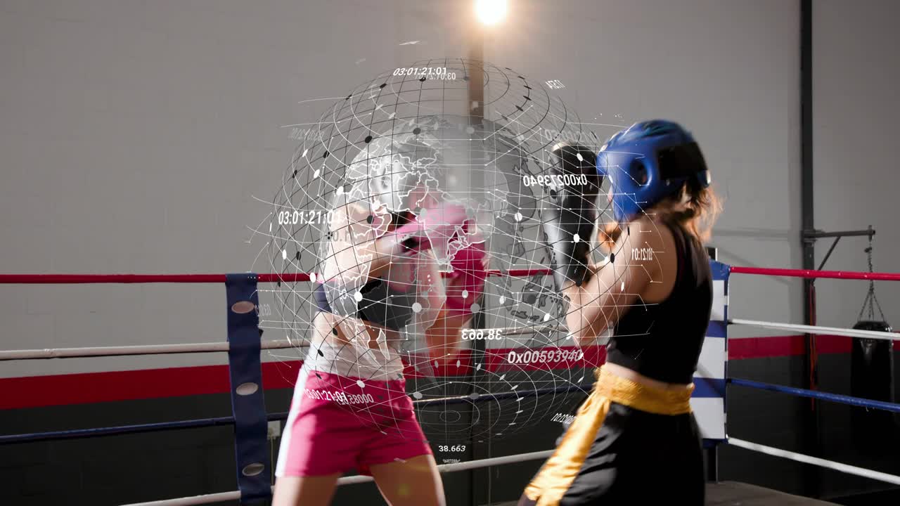 Two female boxers sparring in ring, HUD timer starting round, rotating globe over faces, training