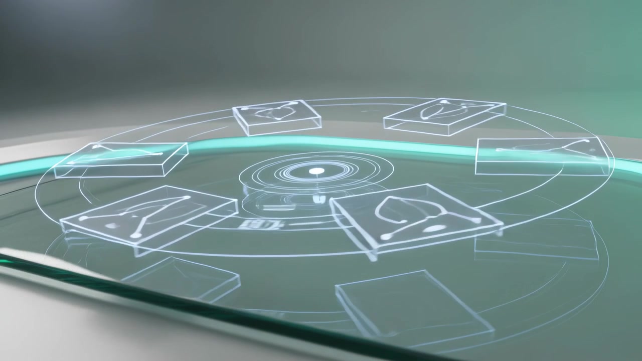 Powering holographic interface emerging on tabletop glass panel, with teal hub and tiles for demo