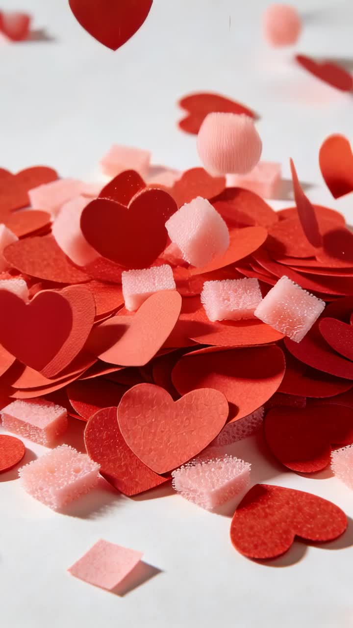 Video verticale: Lancio di cuori rossi e cubi di schiuma rosa dall'alto su una superficie bianca, aggiungendoli a una pila.