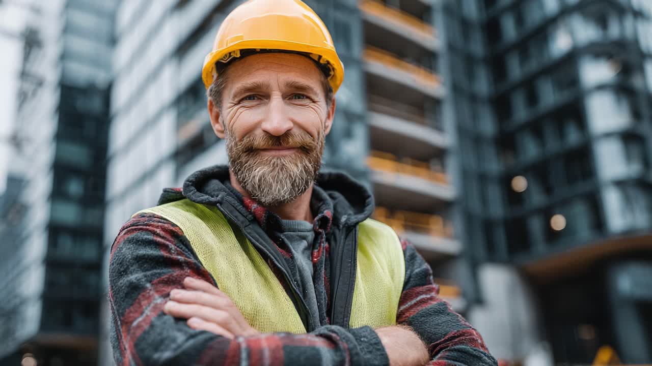 Confident Construction Worker Smiling in Front of a Modern Building Under Construction, Wearing Safety Gear and a Bright Yellow Hard Hat for Workplace Safety