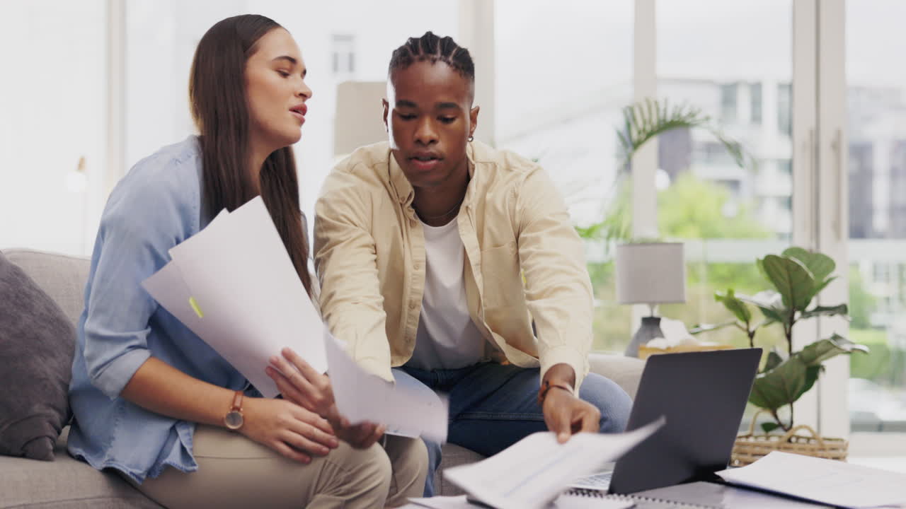 Laptop, couple talking and documents for finance