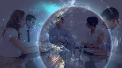 animation of data processing and globe over diverse business people in office