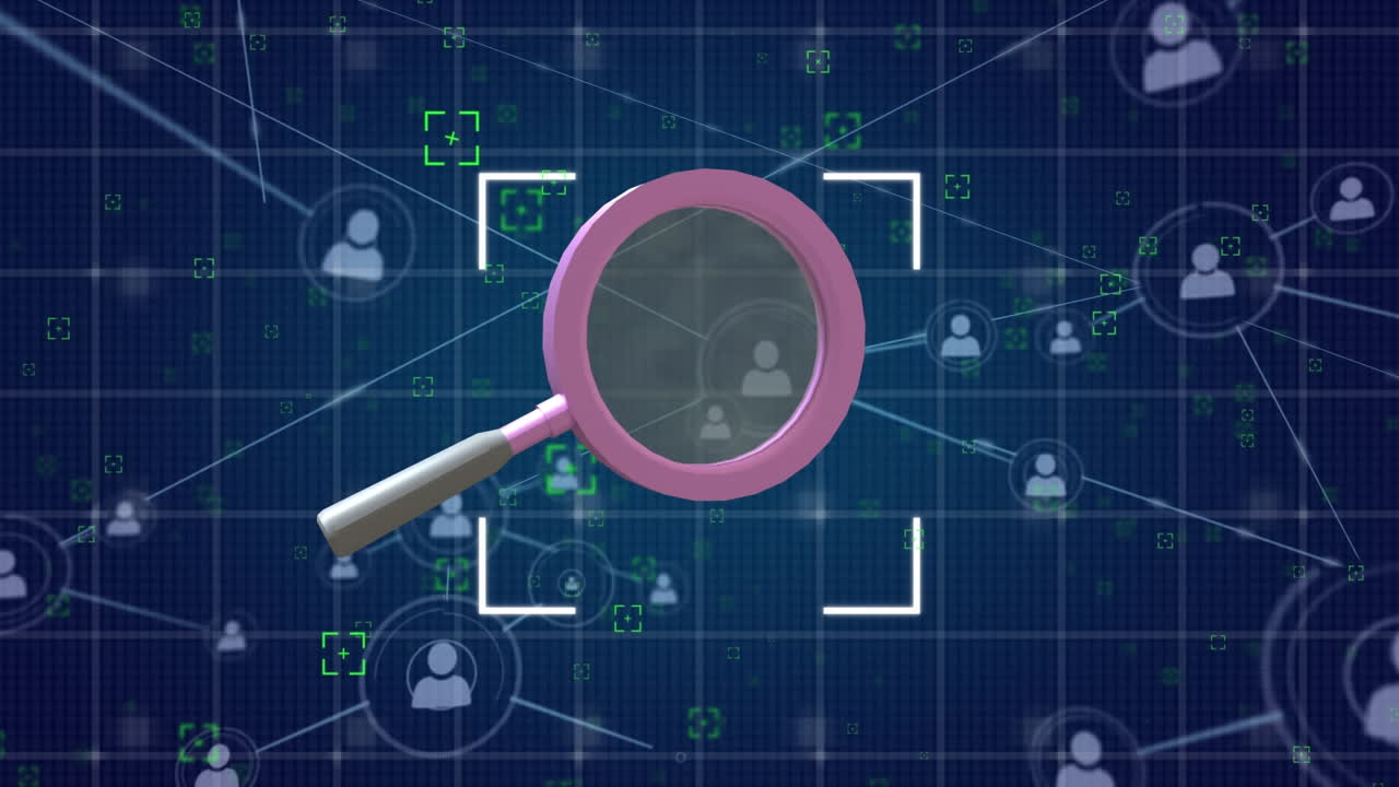 animación de una lupa girando sobre una red de conexiones sobre un fondo púrpura