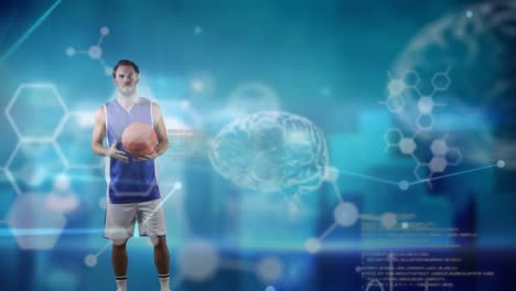 Animation-Des-Menschlichen-Gehirns,-Datenverarbeitung,-Netzwerk-Von-Verbindungen-über-Basketballspieler